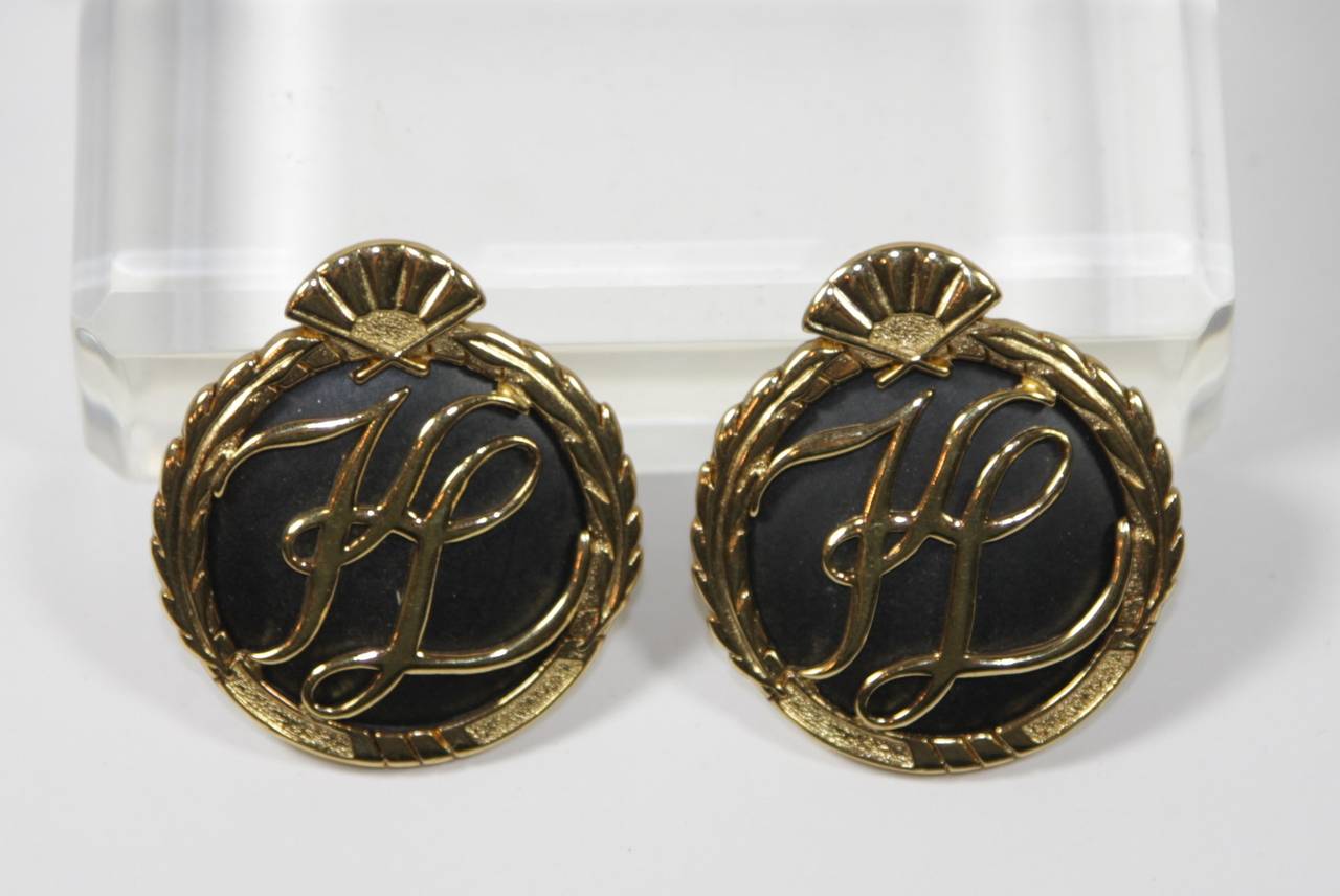 Karl Lagerfeld 1980's Black and Gold Tone Clip on Earrings In Excellent Condition In Los Angeles, CA