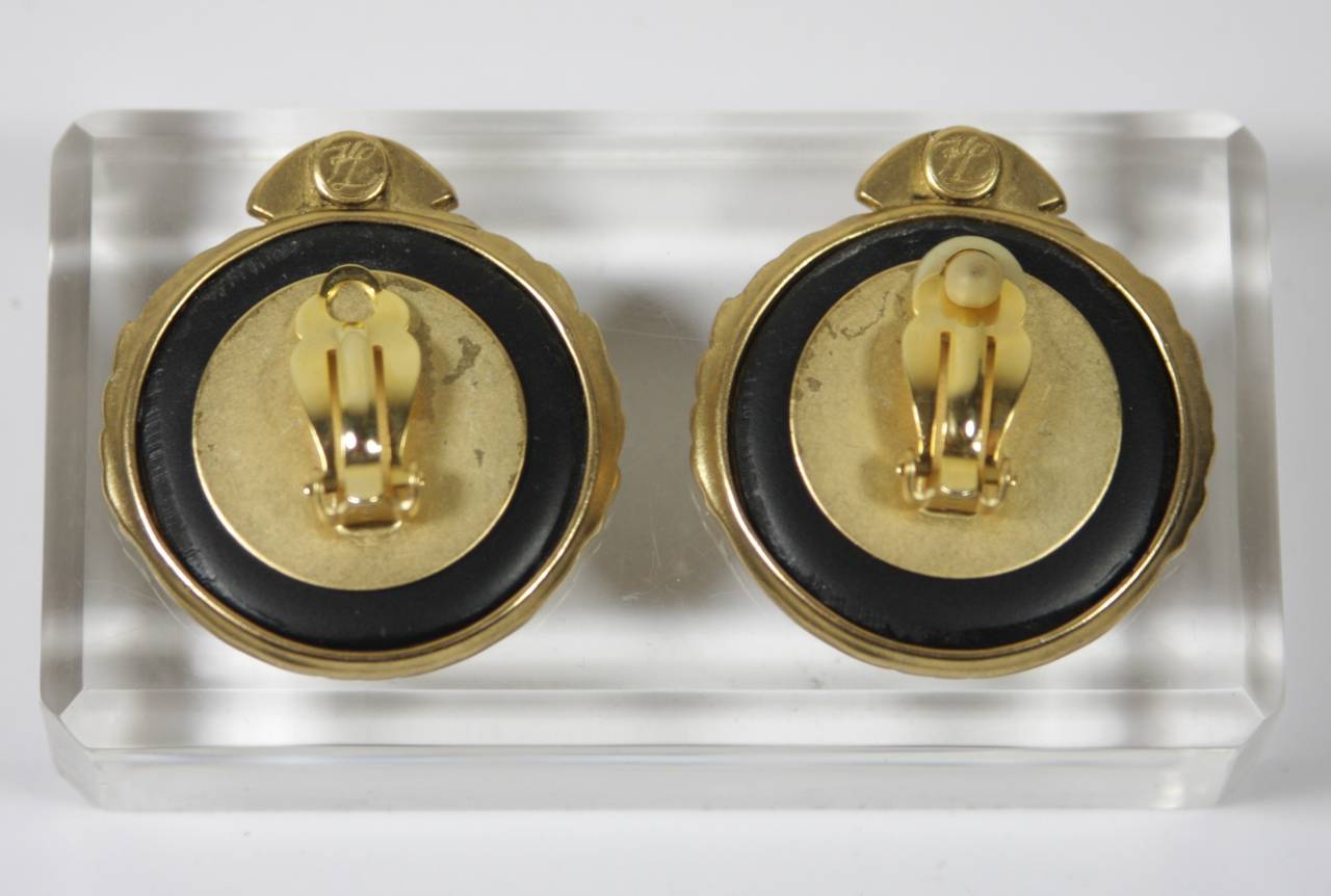 Karl Lagerfeld 1980's Black and Gold Tone Clip on Earrings 3