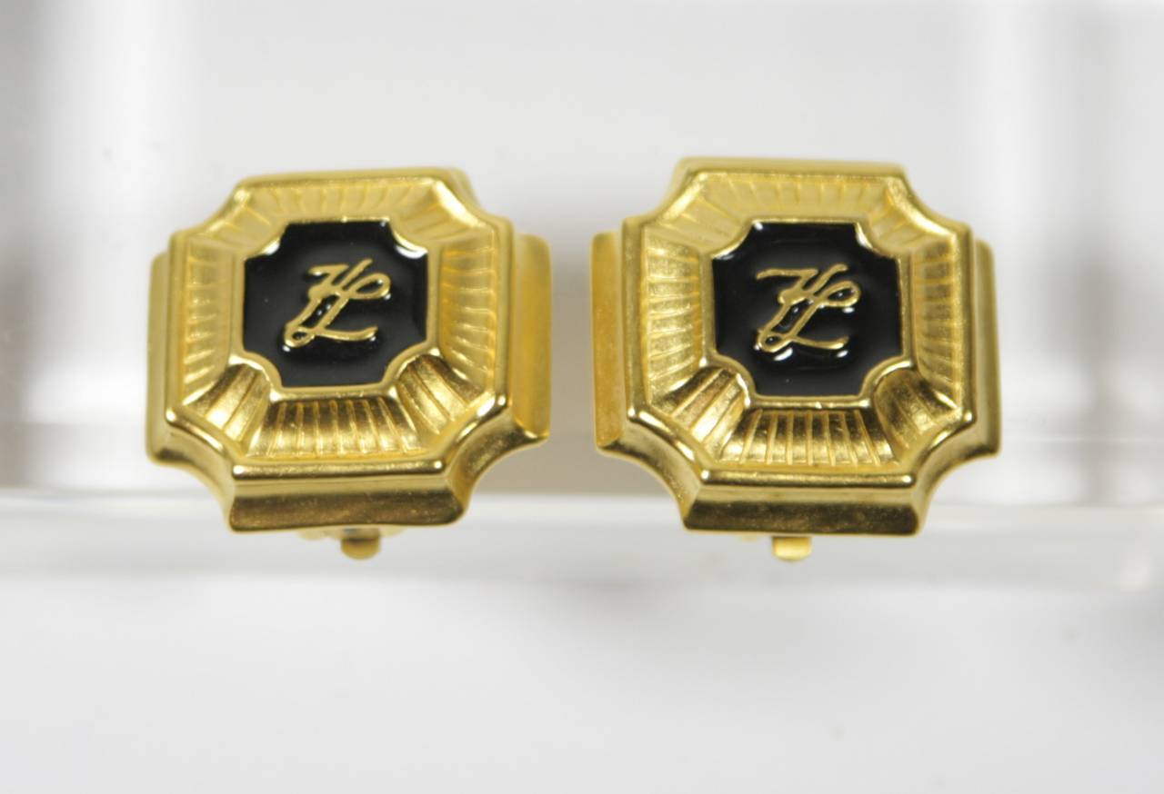 Karl Lagerfeld 1980's Black Enamel with Gold Tone Logo Earrings with Fan Detail In Excellent Condition In Los Angeles, CA