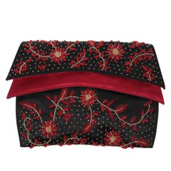 Duizend-Gans Black Beaded Satin Evening Clutch with Red Lining