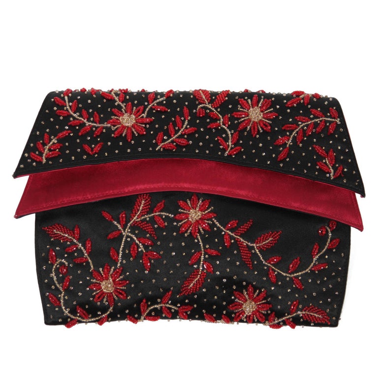 Duizend Gans Black Beaded Satin Evening Clutch with Red Lining For Sale at 1stDibs anjuli gans red evening clutch red gans