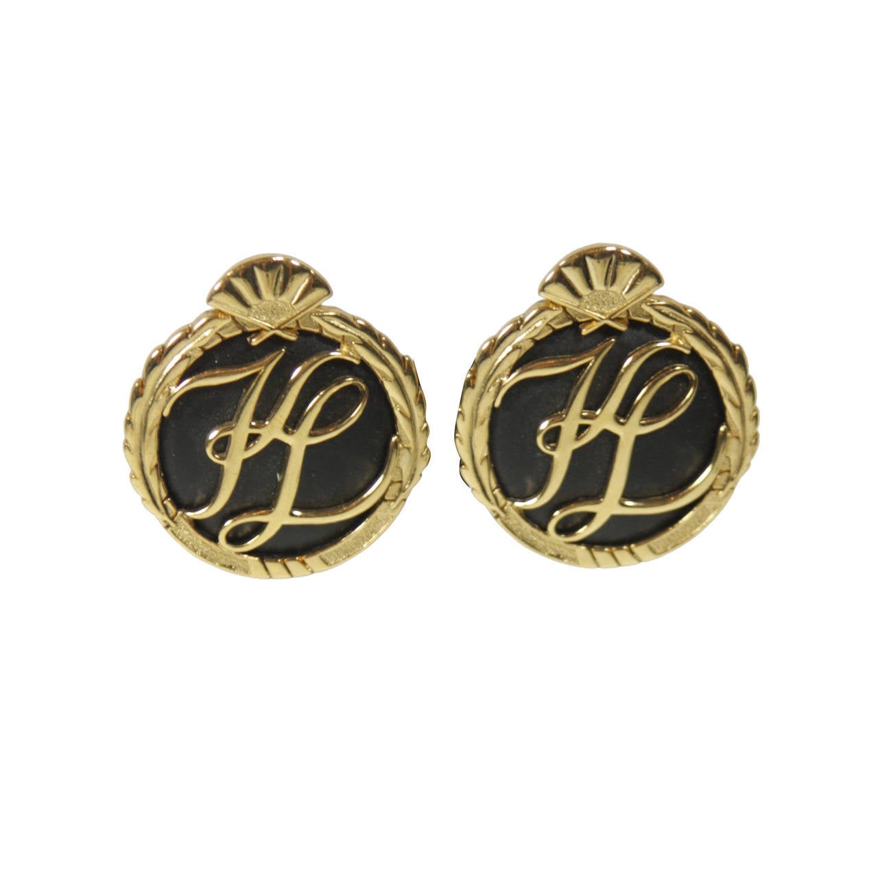 Karl Lagerfeld 1980's Black and Gold Tone Clip on Earrings