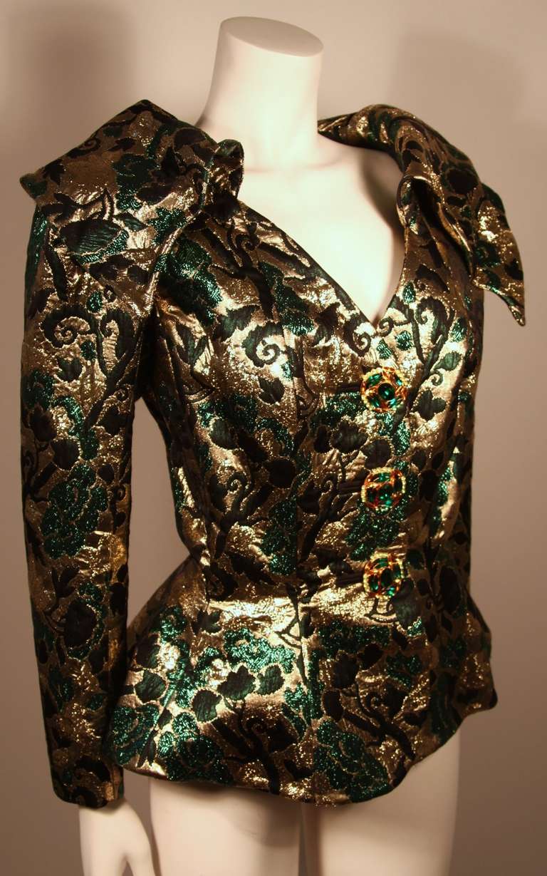 Black Yves Saint Laurent Gold and Green Floral Skirt Suit