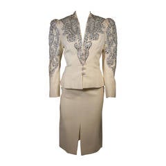 Nolan Miller Couture Embellished Ivory Wool Skirt Suit Size Small