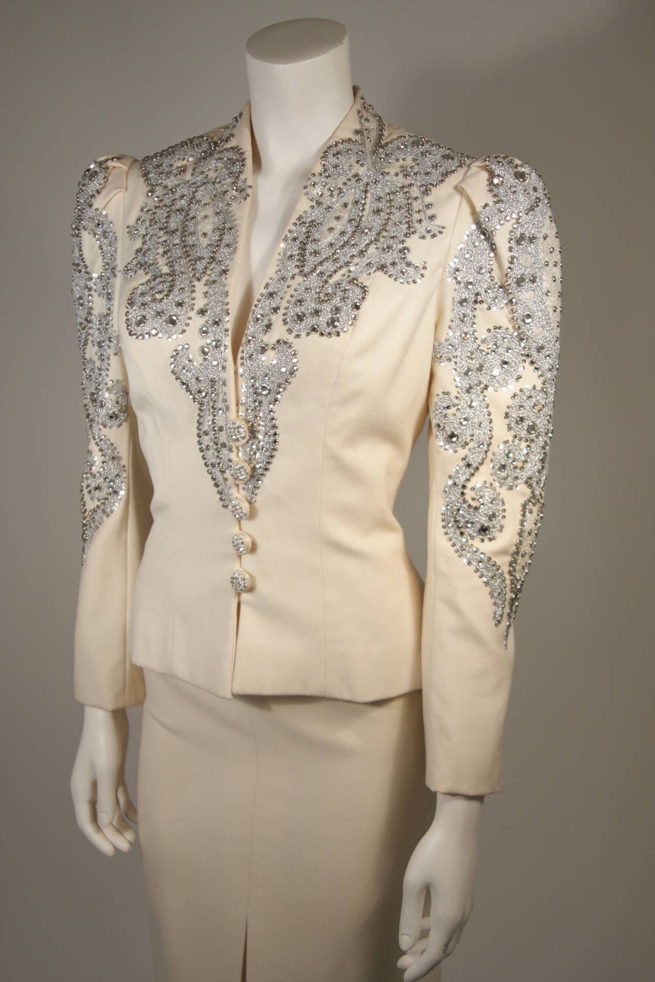 Brown Nolan Miller Couture Embellished Ivory Wool Skirt Suit Size Small