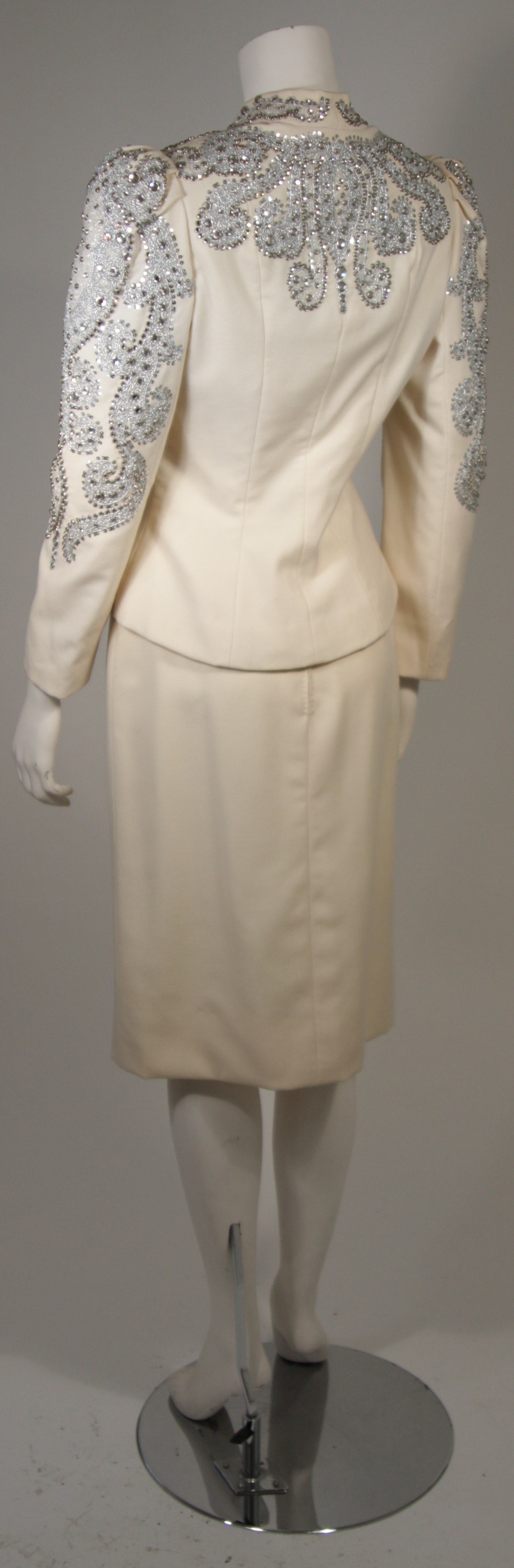 Women's Nolan Miller Couture Embellished Ivory Wool Skirt Suit Size Small