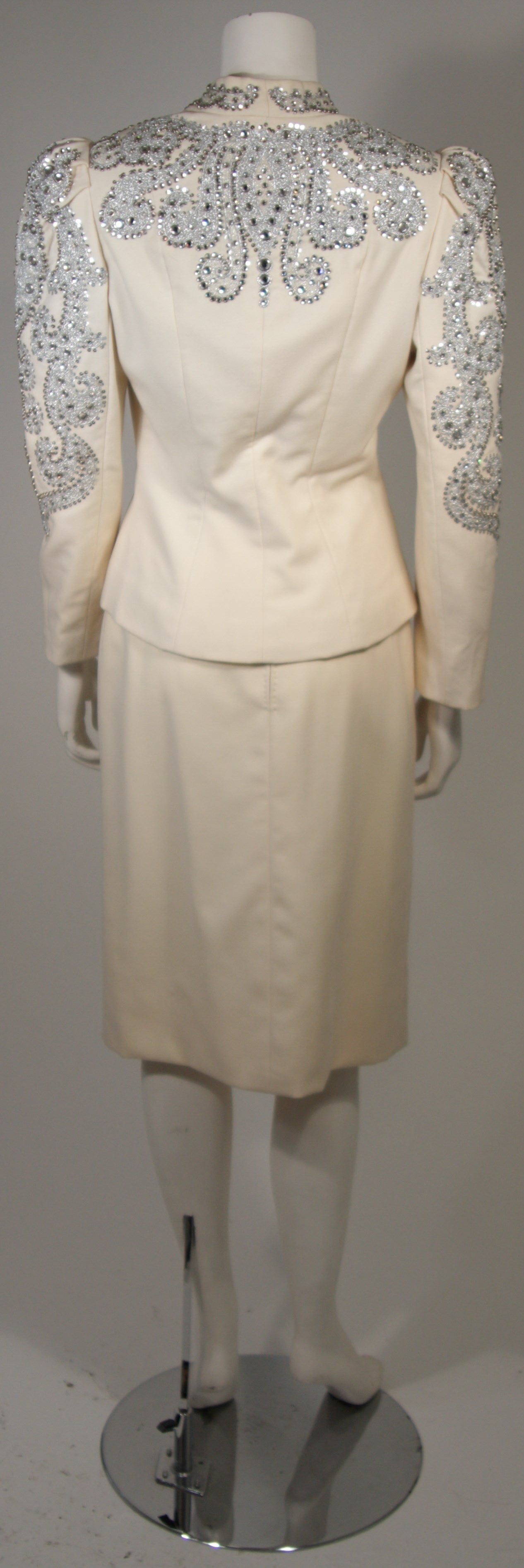 Nolan Miller Couture Embellished Ivory Wool Skirt Suit Size Small 1