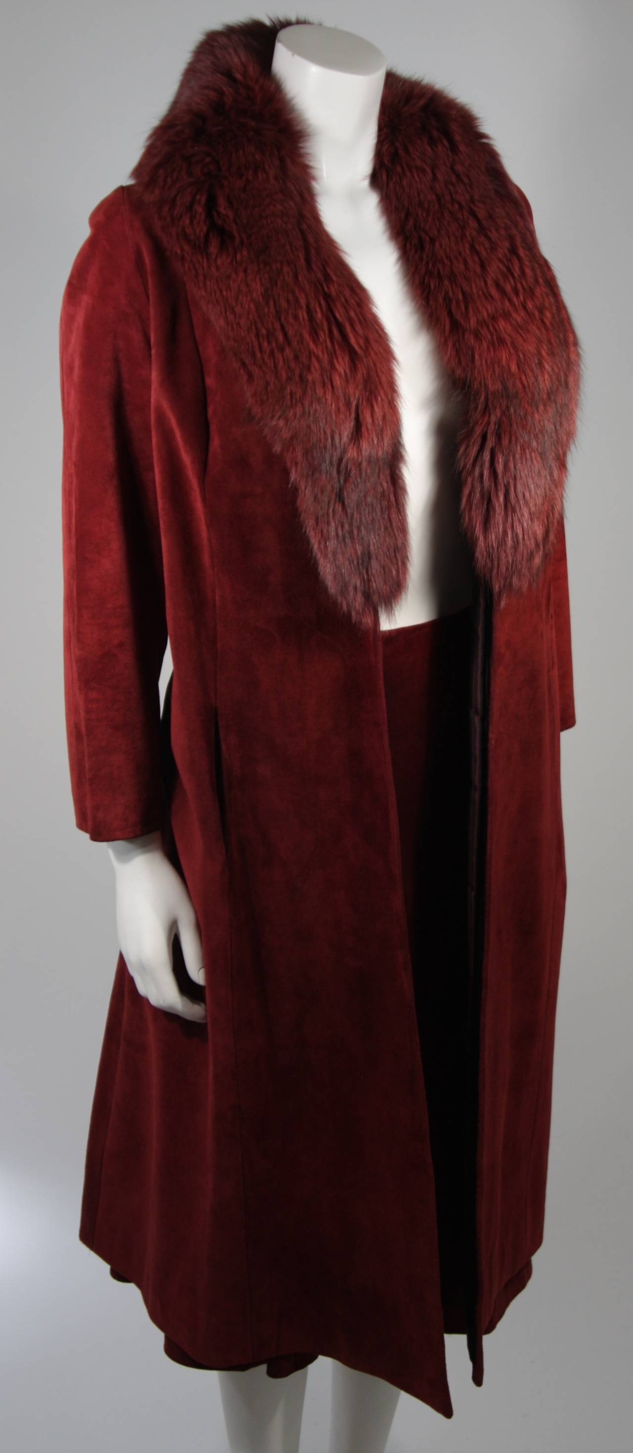 Nolan Miller Burgundy Suede and Fox Coat Ensemble Size Small In Excellent Condition In Los Angeles, CA