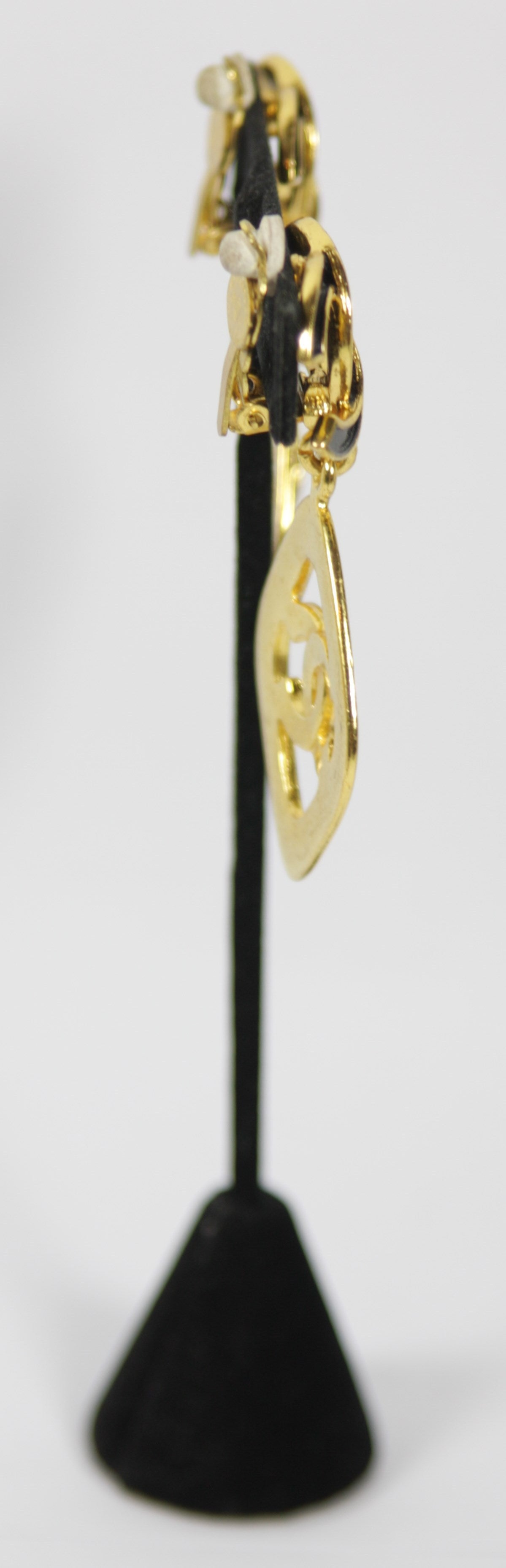 Women's Chanel Gold Tone Logo Drop Earrings with Black Enamel Circa 1993
