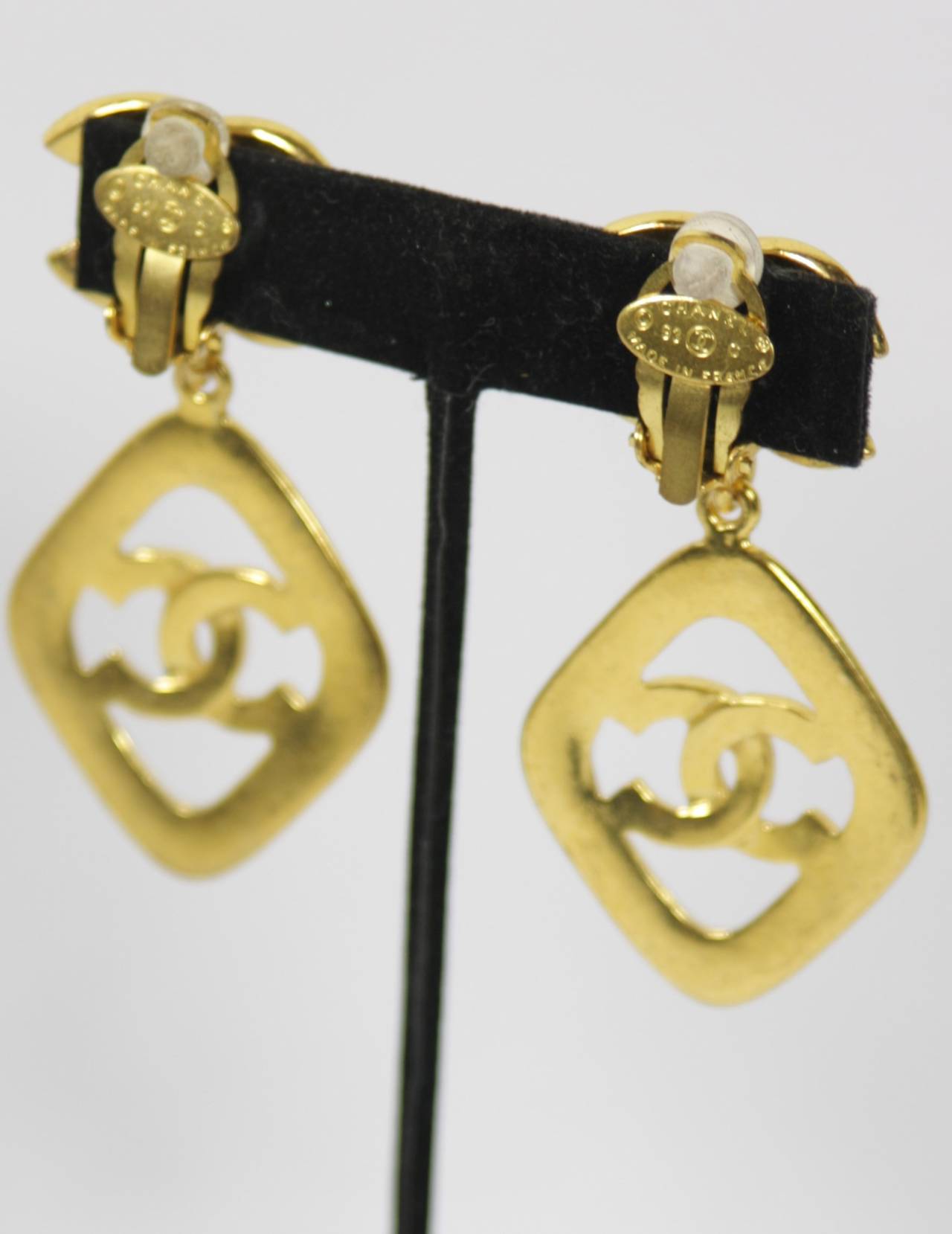 Chanel Gold Tone Logo Drop Earrings with Black Enamel Circa 1993 3