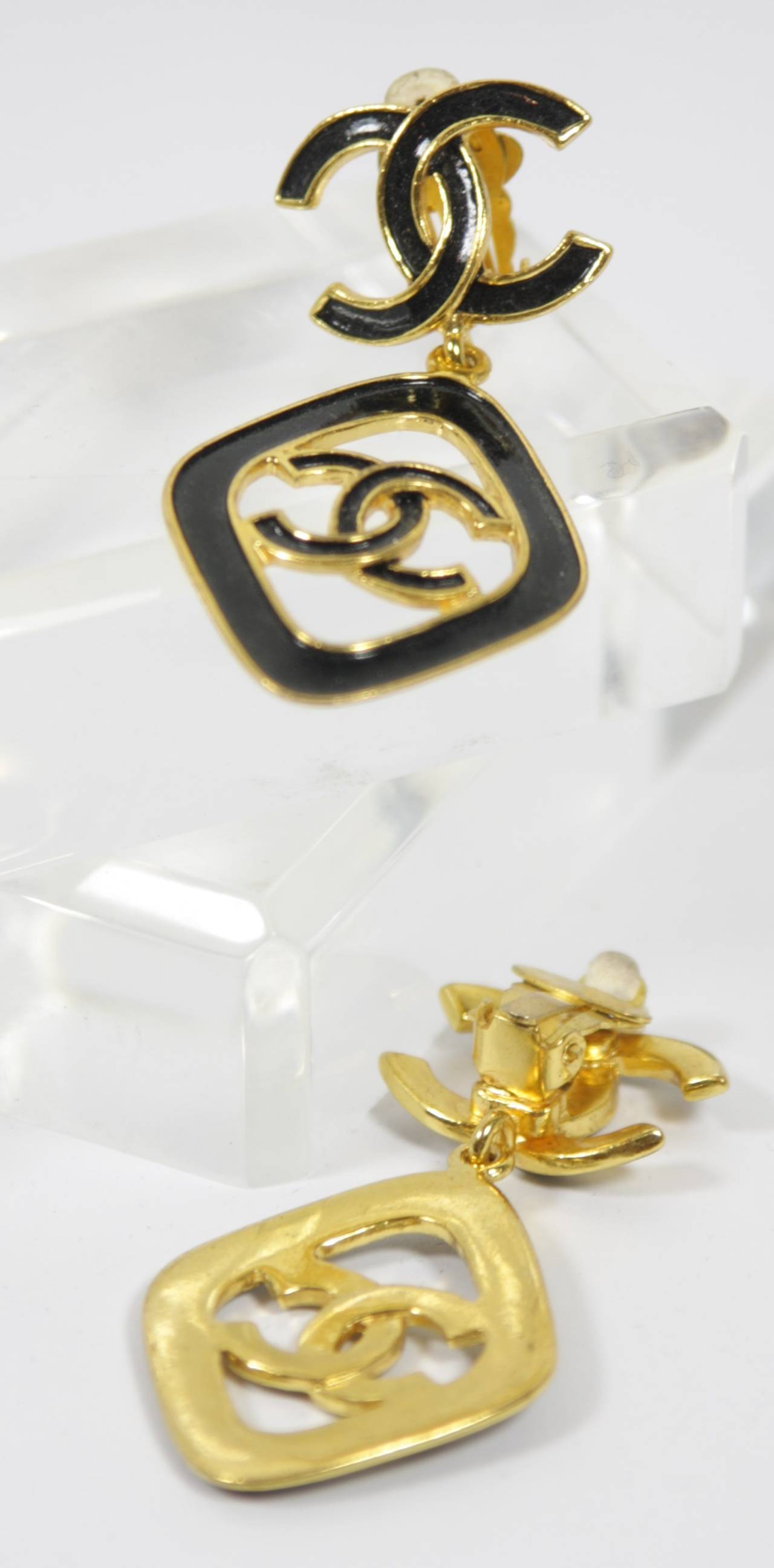 Chanel Gold Tone Logo Drop Earrings with Black Enamel Circa 1993 1