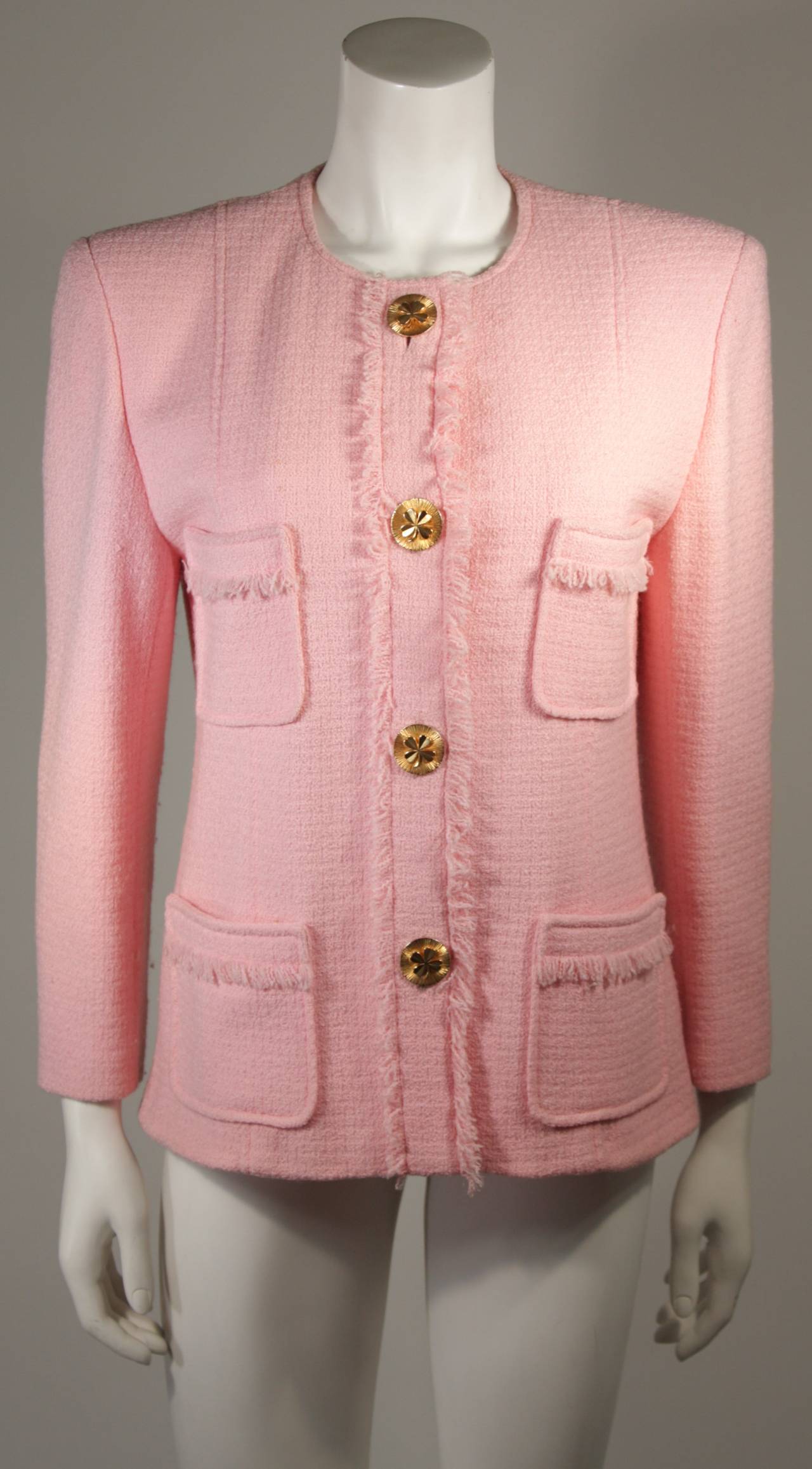 Chanel Pink Boucle Wool Suit with Four Leaf Clover Buttons Size 6 at  1stDibs