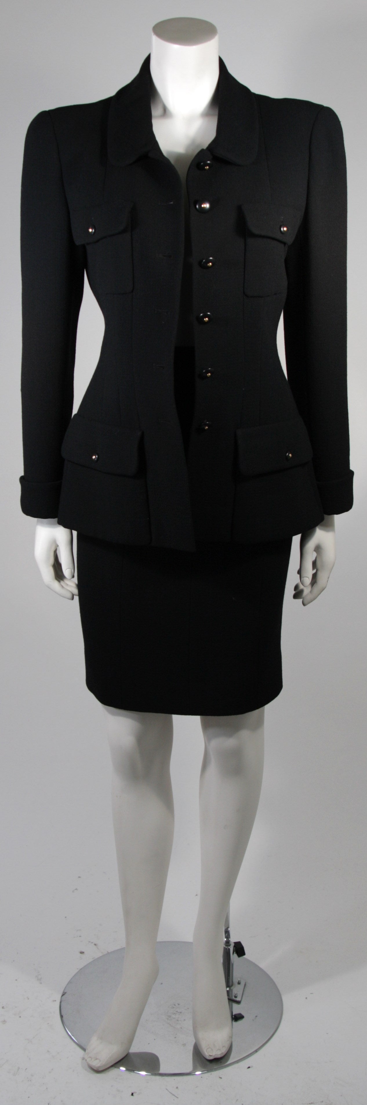 Chanel Black Wool Skirt Suit Size Military Inspired with Peter Pan Collar sz 8 In Excellent Condition In Los Angeles, CA