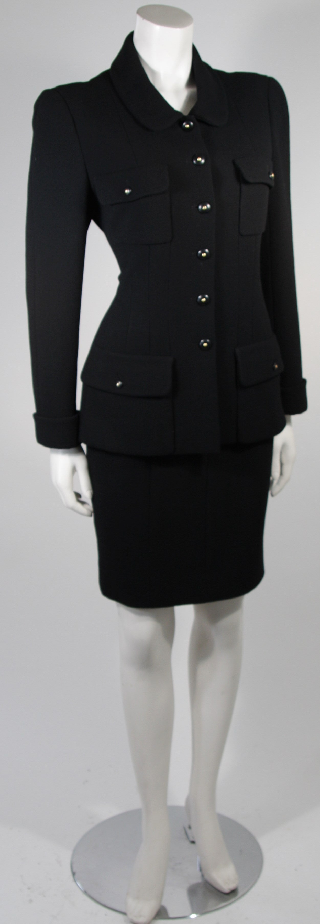 Women's Chanel Black Wool Skirt Suit Size Military Inspired with Peter Pan Collar sz 8