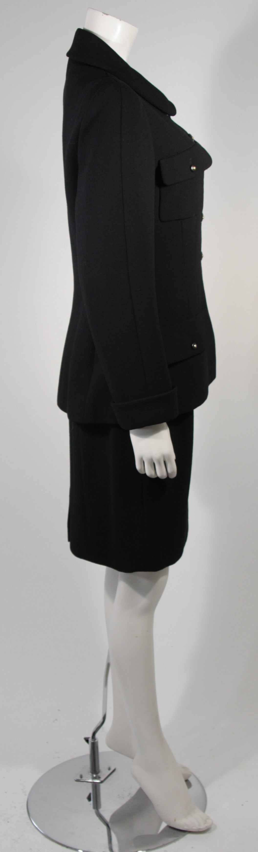 Chanel Black Wool Skirt Suit Size Military Inspired with Peter Pan Collar sz 8 1
