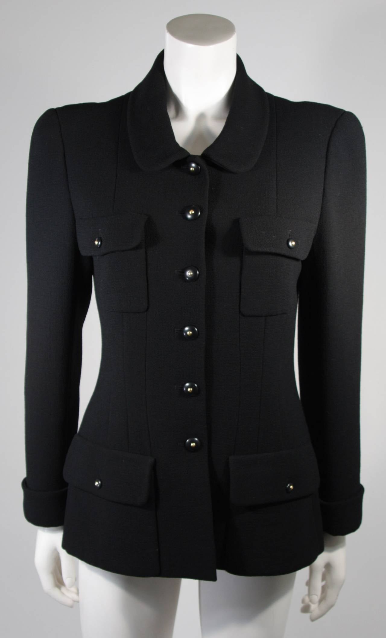 Chanel Black Wool Skirt Suit Size Military Inspired with Peter Pan Collar sz 8 4