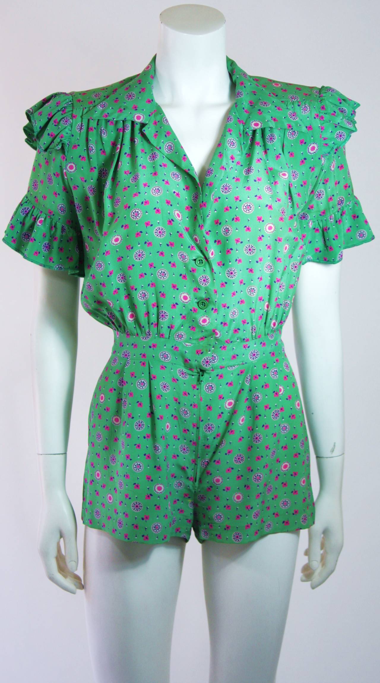 Women's Nolan Miller Green Floral Silk Play Suit Ensemble with Skirt and Belt Size S