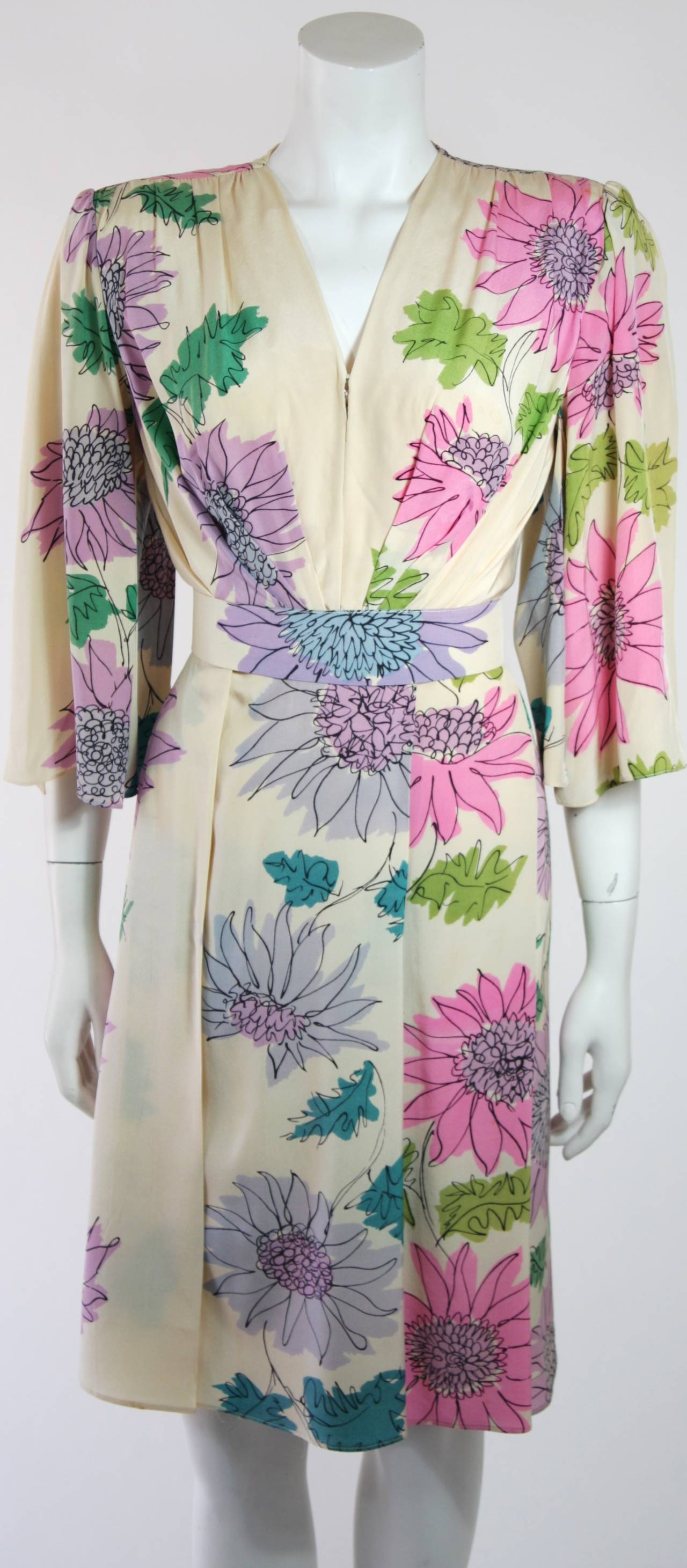 Leon Paule for Nolan Miller Silk Watercolor Dress with Cascades Size Small In Excellent Condition In Los Angeles, CA
