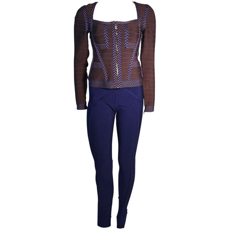 Herve Leger Contrasting Blue Trim Gray Bandage Zip top & blue leggings M