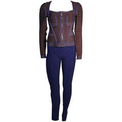Herve Leger Contrasting Blue Trim Gray Bandage Zip top & blue leggings M 1