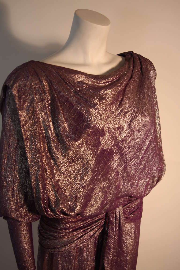 Nolan Miller Purple and Bronze Iridescent Draped Gown In Excellent Condition For Sale In Los Angeles, CA