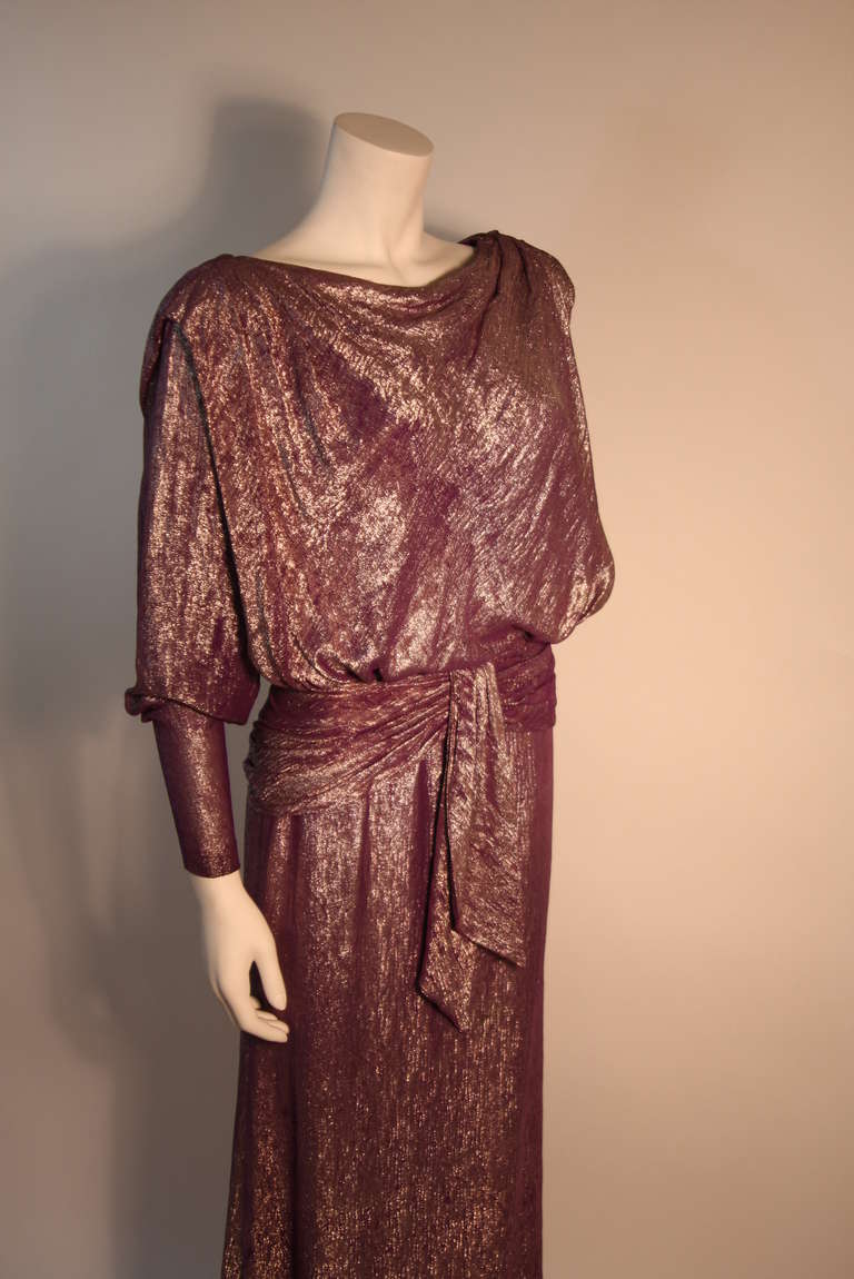Brown Nolan Miller Purple and Bronze Iridescent Draped Gown For Sale
