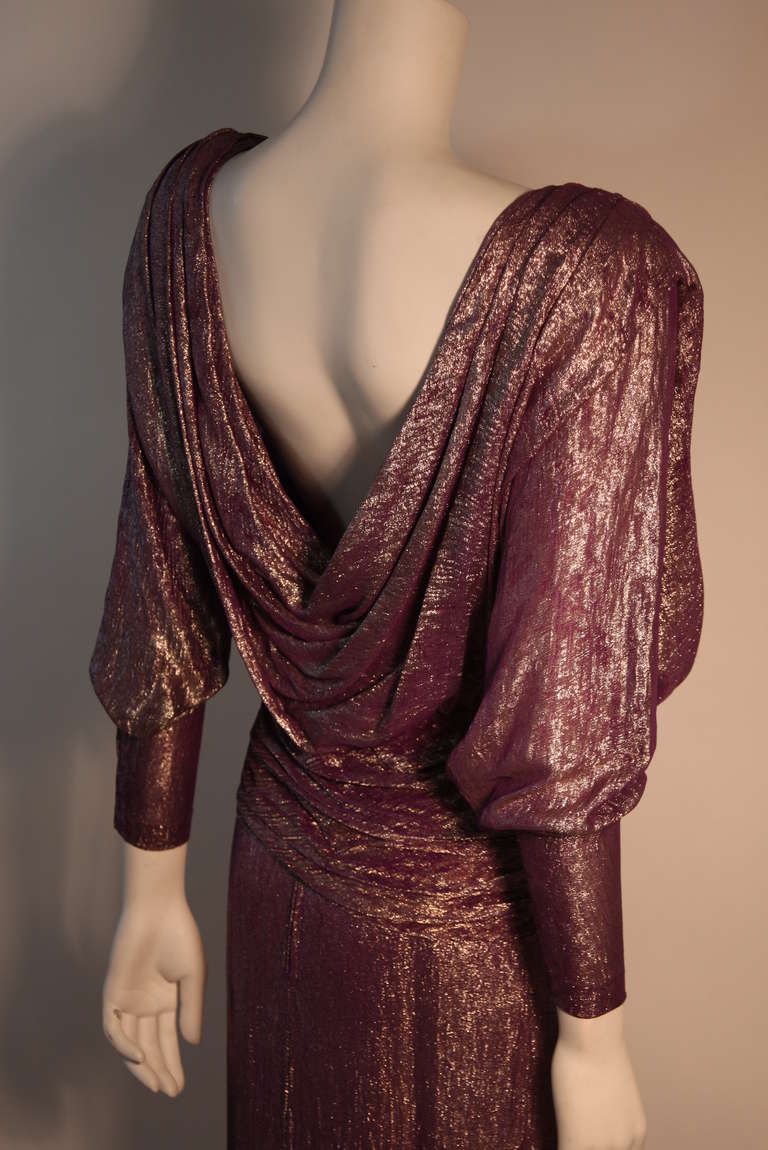 Women's Nolan Miller Purple and Bronze Iridescent Draped Gown For Sale