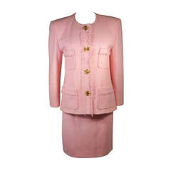 Vintage Chanel Pink Boucle Wool Suit with Four Leaf Clover Buttons Size 6