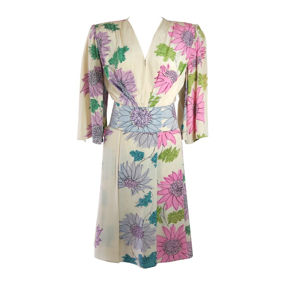 Leon Paule for Nolan Miller Silk Watercolor Dress with Cascades Size Small