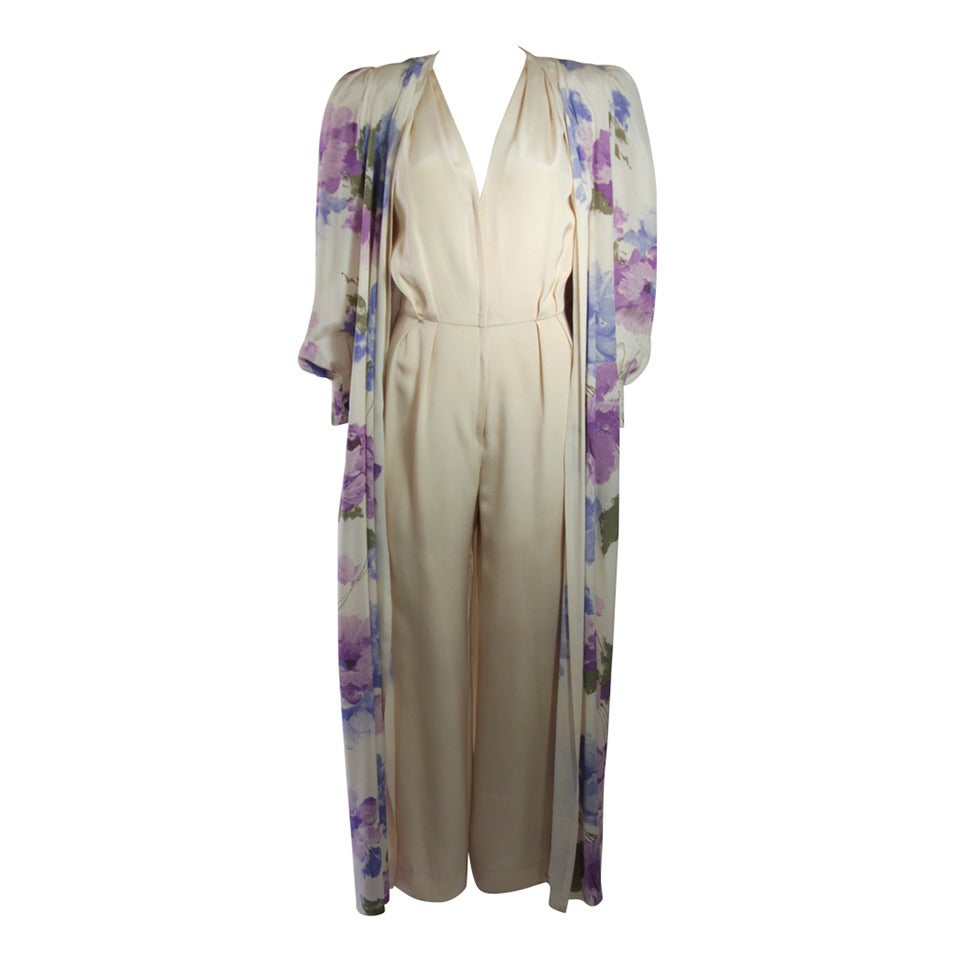 Nolan Miller Attributed Silk Jumpsuit Ensemble with Coat For Sale