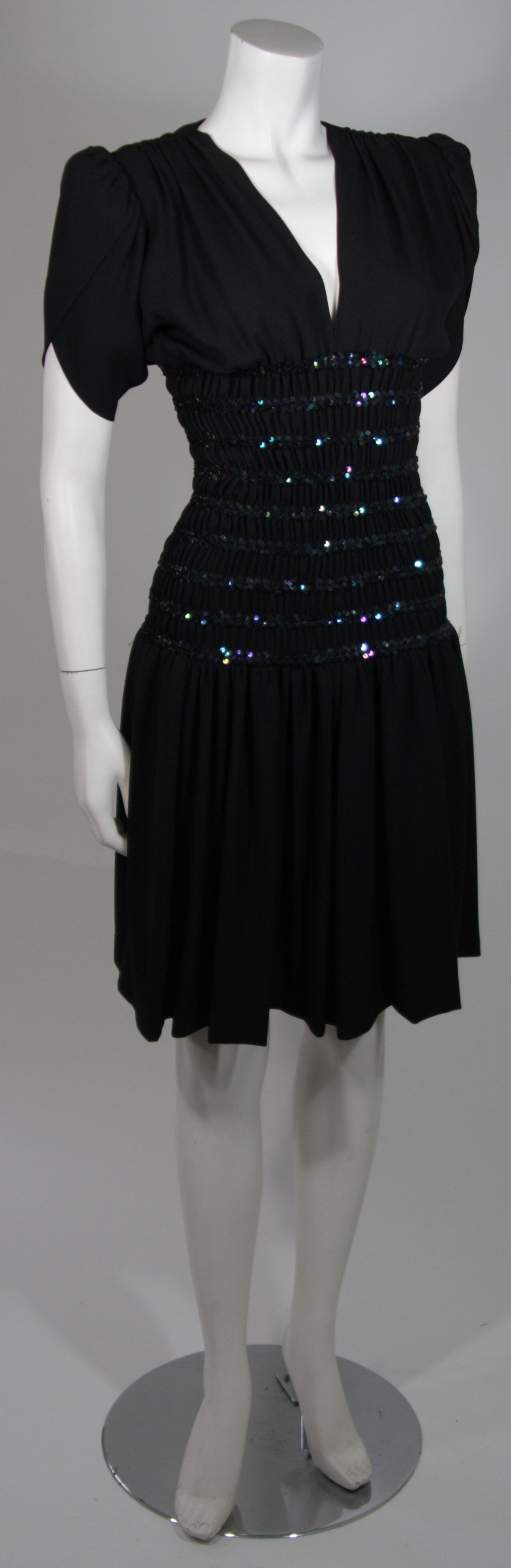 Yves Saint Laurent Black Cocktail Gown with Sequin Smocked Waist Size 38 In Excellent Condition For Sale In Los Angeles, CA
