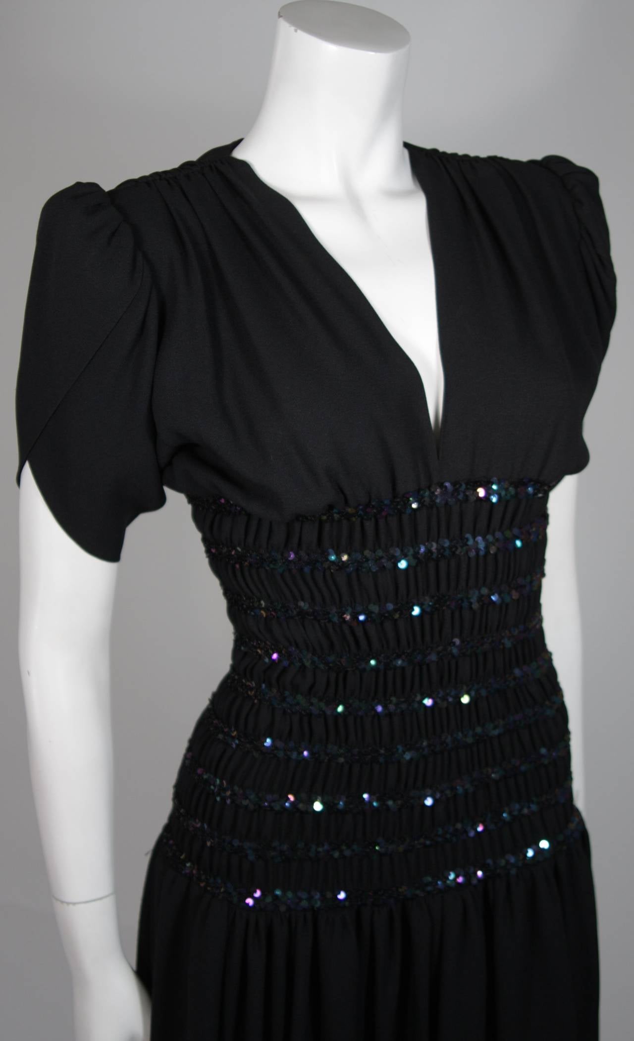 Women's Yves Saint Laurent Black Cocktail Gown with Sequin Smocked Waist Size 38 For Sale