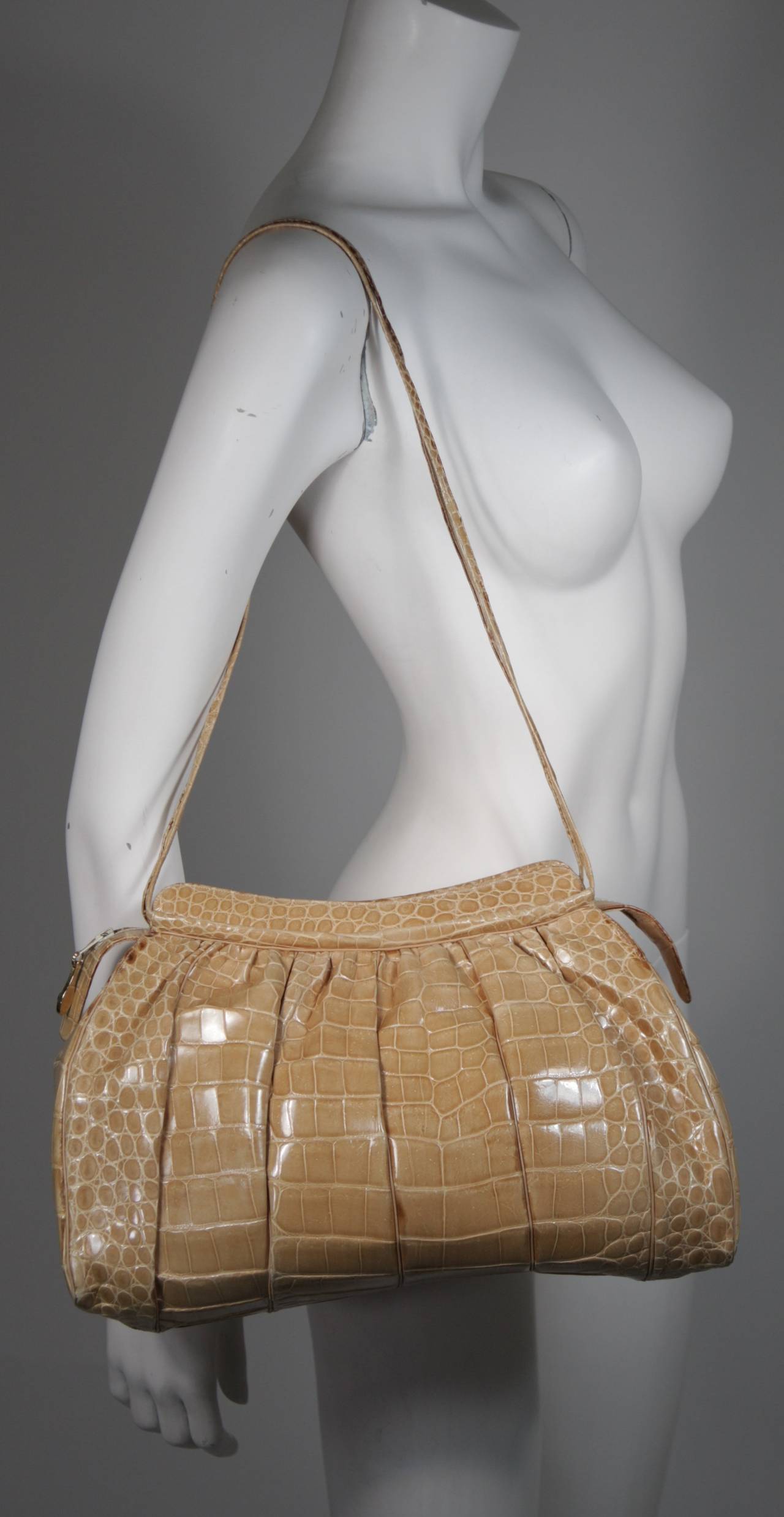 Judith Leiber Butter Cream Gathered Crocodile Purse with Tigers Eye Detail In Excellent Condition In Los Angeles, CA