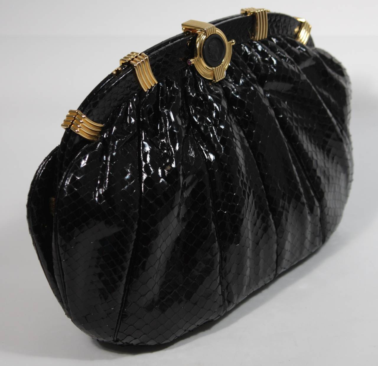 Judith Leiber Black Snakeskin Purse with Cameo Closure and Gold Hardware 1