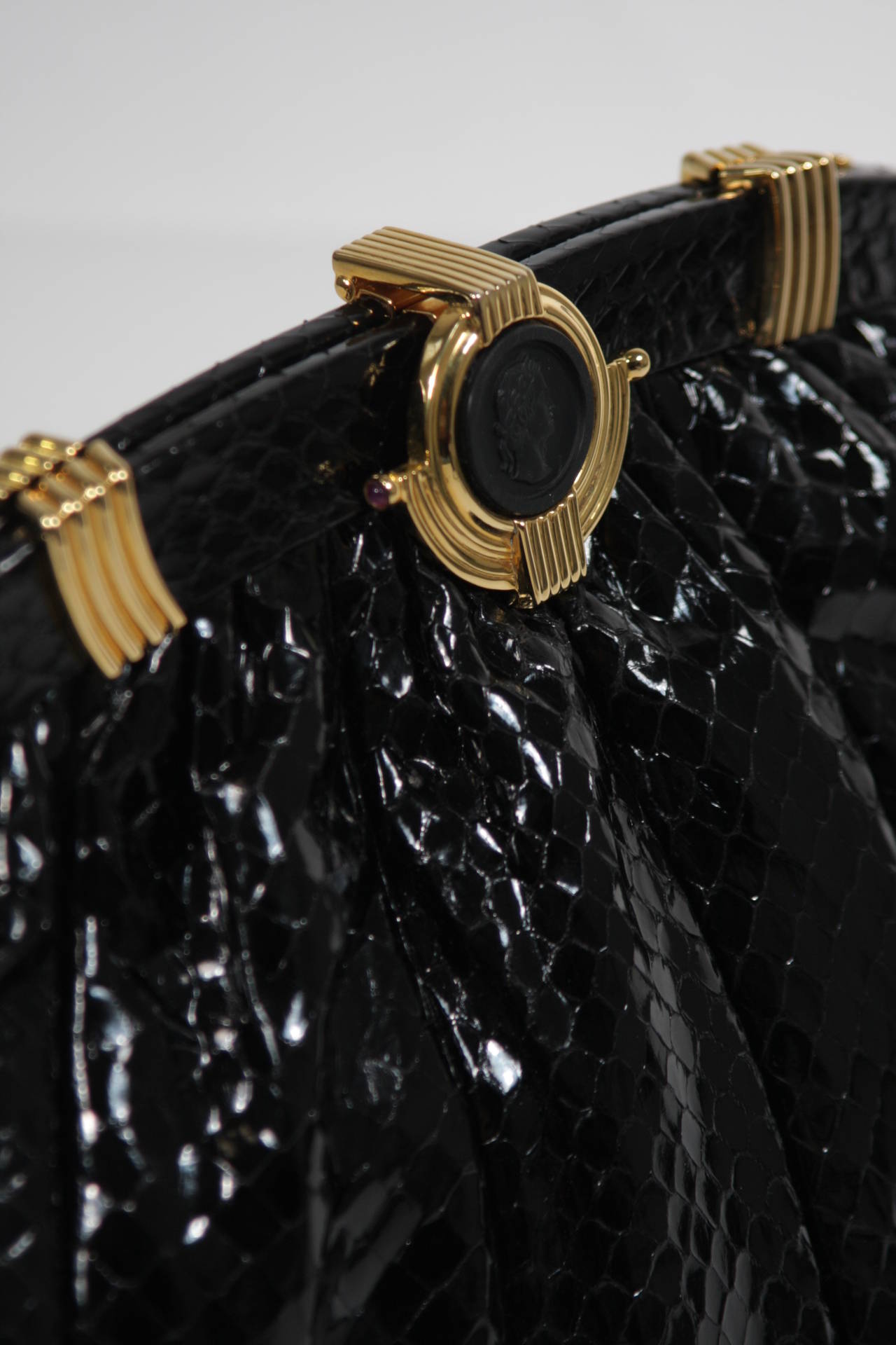 Judith Leiber Black Snakeskin Purse with Cameo Closure and Gold ...