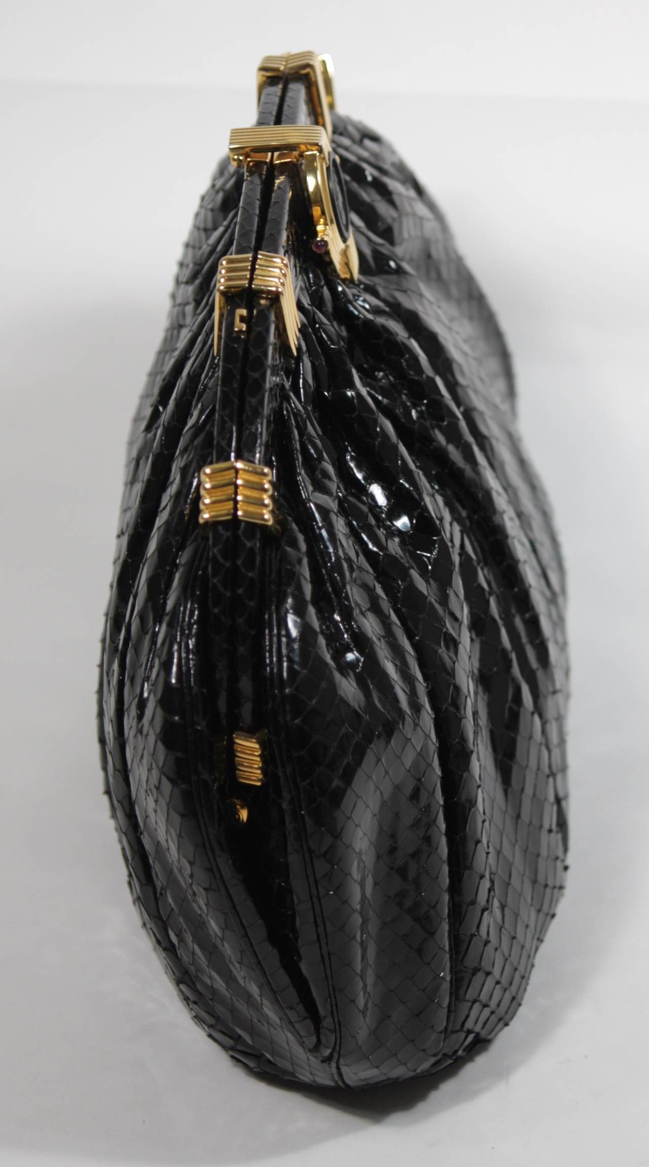 Judith Leiber Black Snakeskin Purse with Cameo Closure and Gold Hardware 2