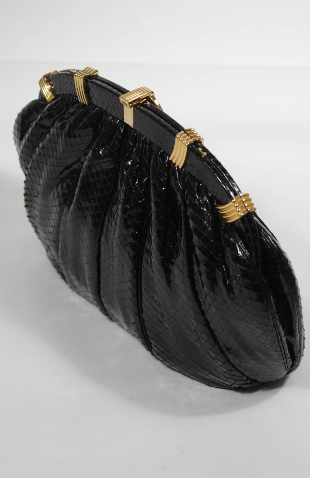 Judith Leiber Black Snakeskin Purse with Cameo Closure and Gold Hardware 3