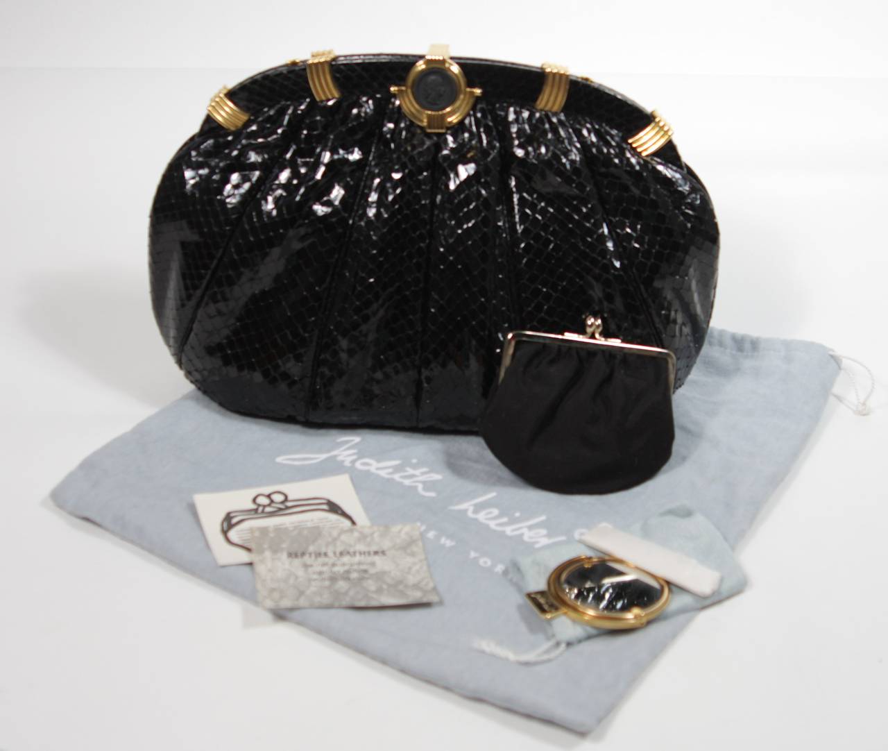 Women's Judith Leiber Black Snakeskin Purse with Cameo Closure and Gold Hardware