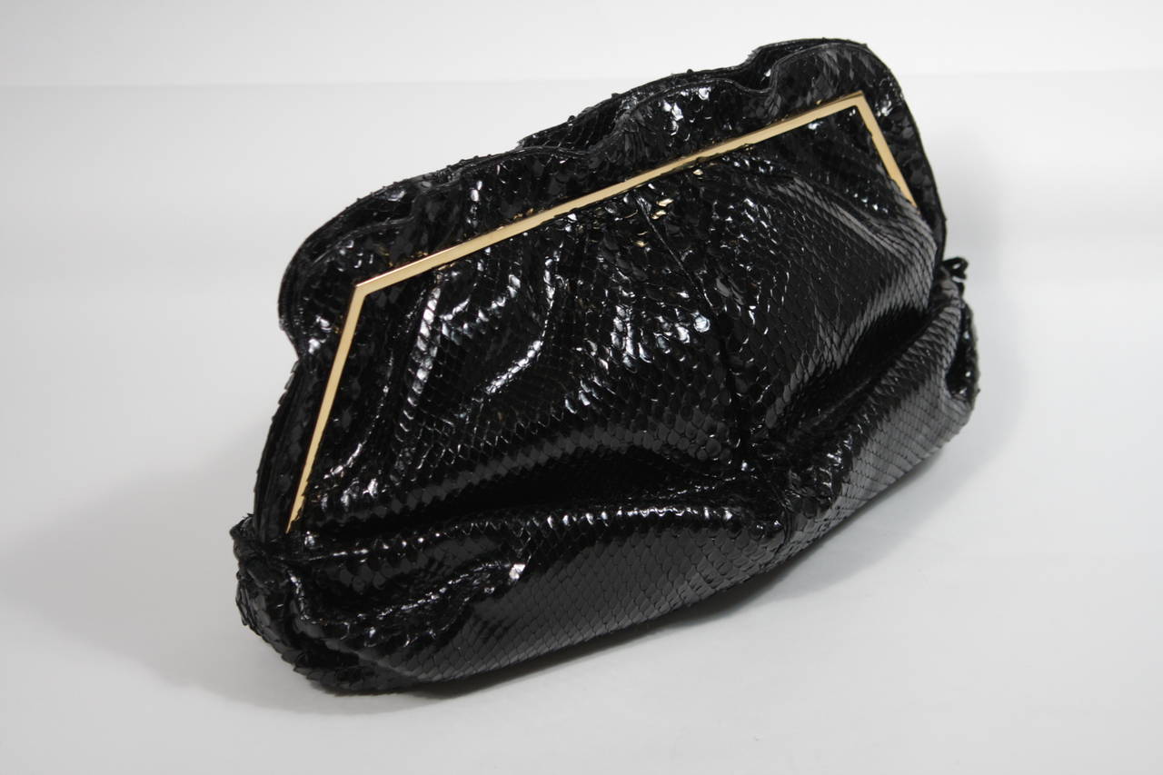 Judith Leiber Black Gathered Snakeskin Clutch with Gold Hardware 1