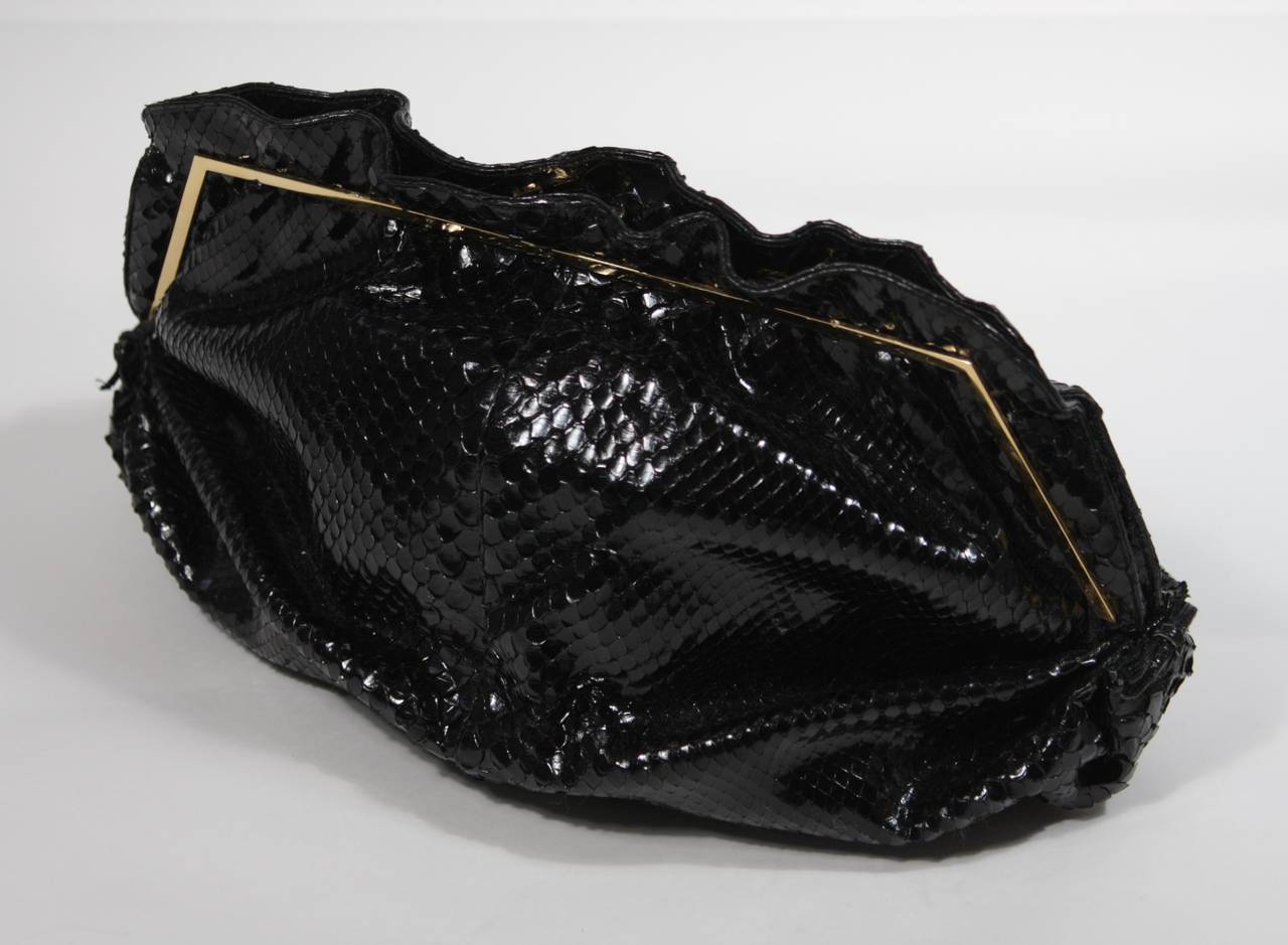 Judith Leiber Black Gathered Snakeskin Clutch with Gold Hardware 2