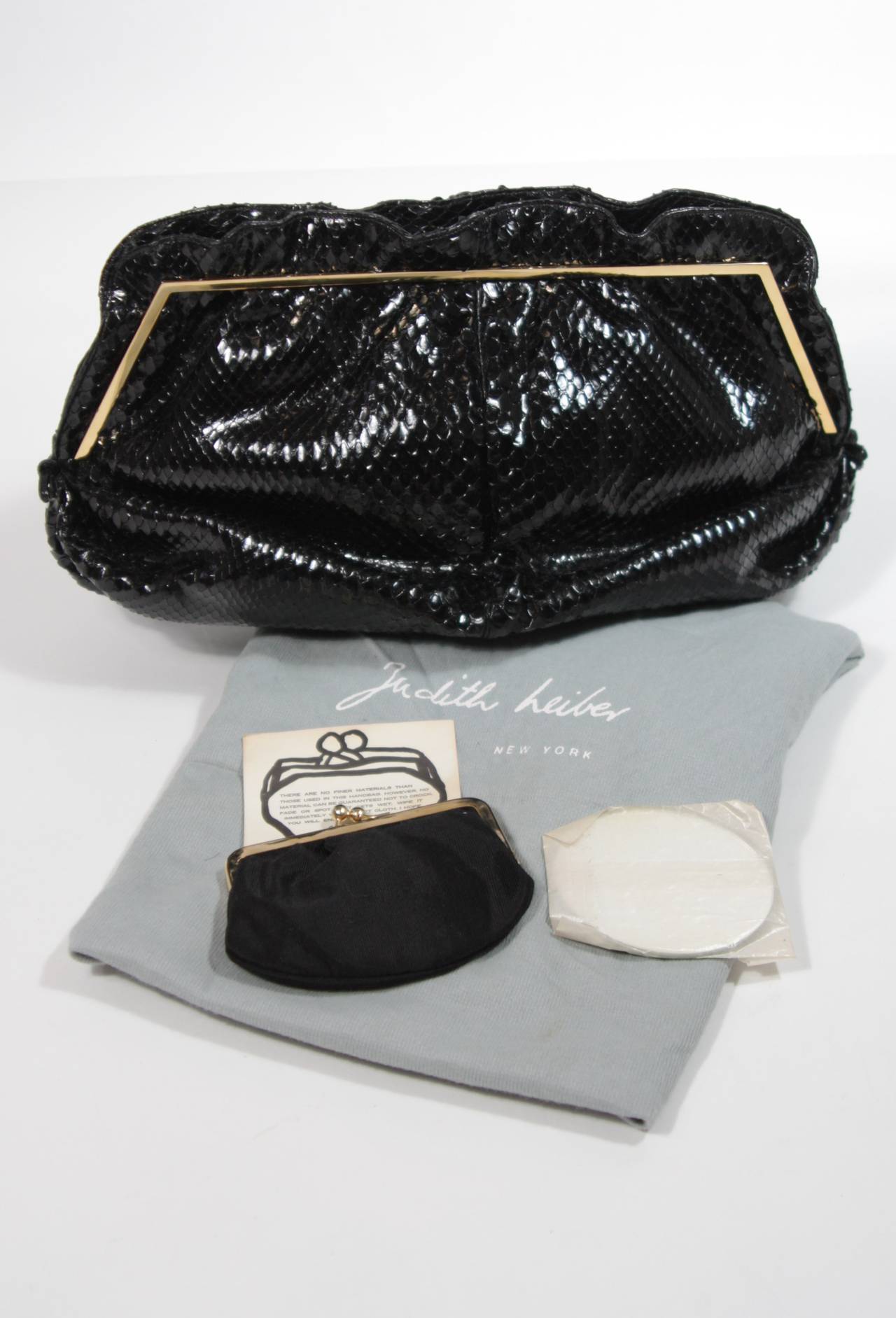 Women's Judith Leiber Black Gathered Snakeskin Clutch with Gold Hardware
