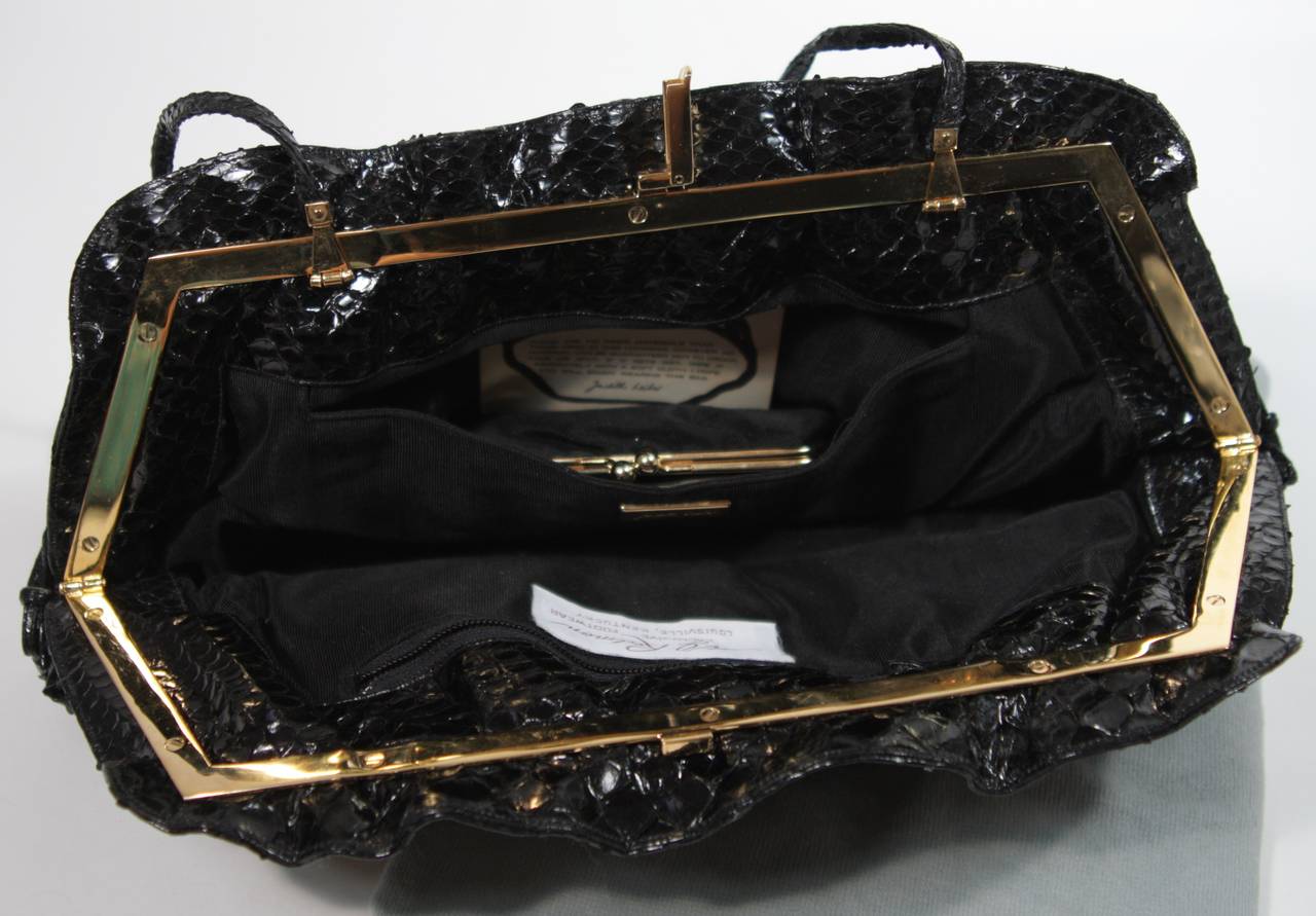 Judith Leiber Black Gathered Snakeskin Clutch with Gold Hardware 5