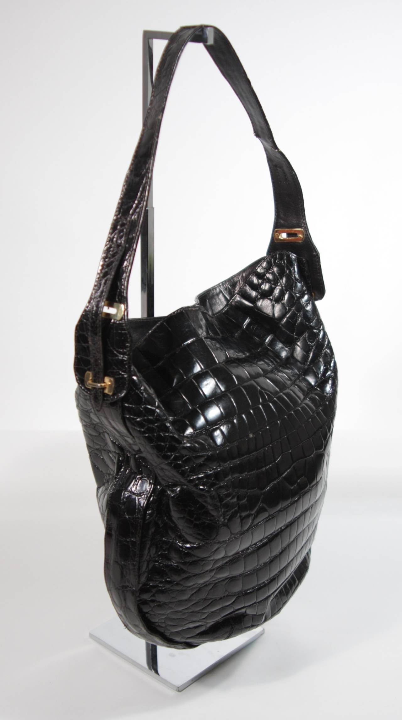 Charles Jourdan Black Crocodile Hobo Style In Excellent Condition In Los Angeles, CA