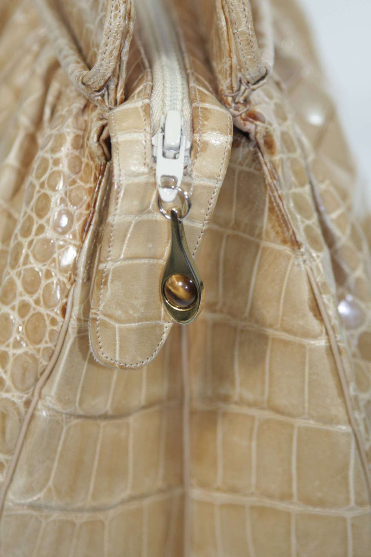 Judith Leiber Butter Cream Gathered Crocodile Purse with Tigers Eye Detail 4