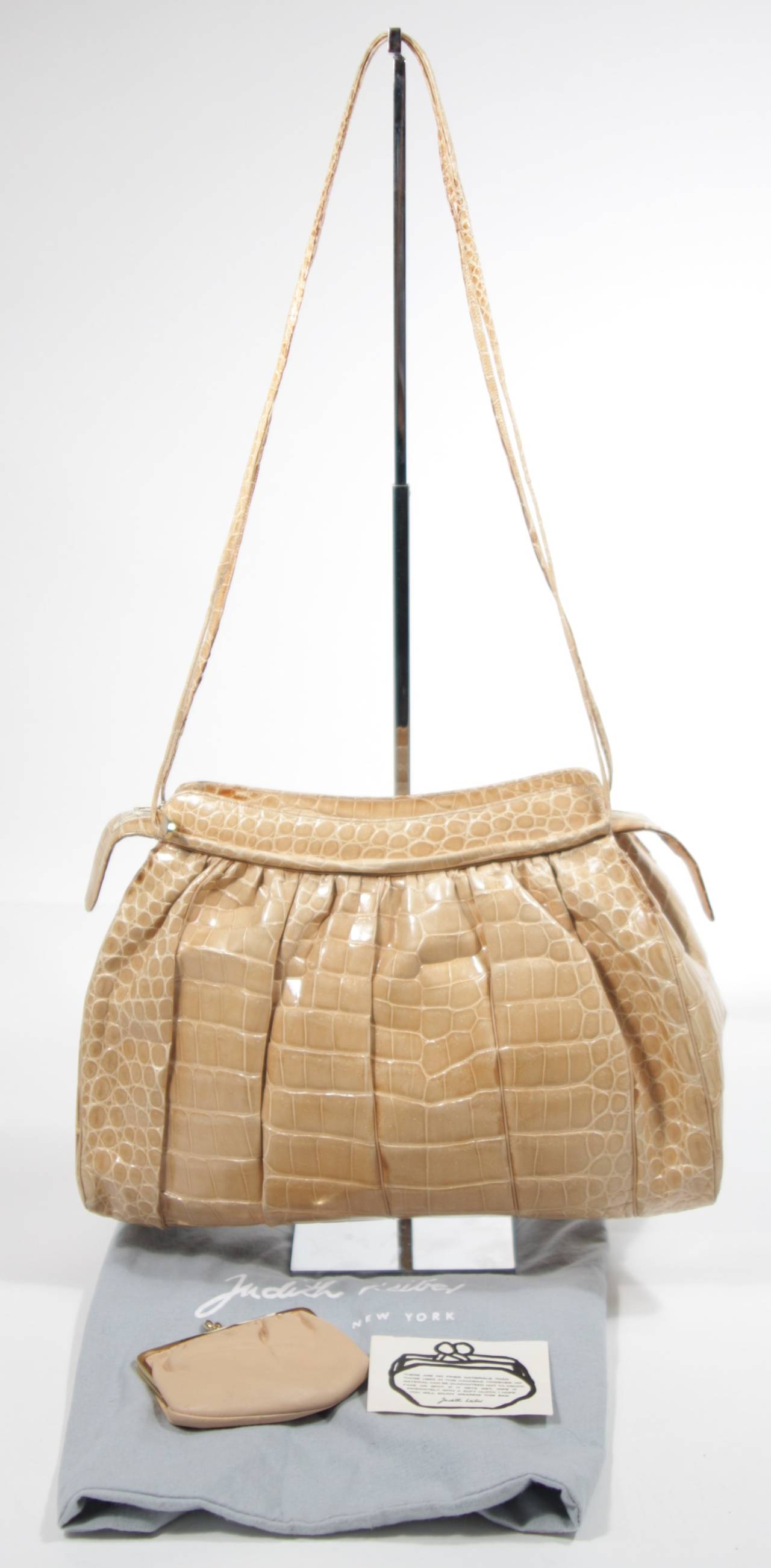 Women's Judith Leiber Butter Cream Gathered Crocodile Purse with Tigers Eye Detail