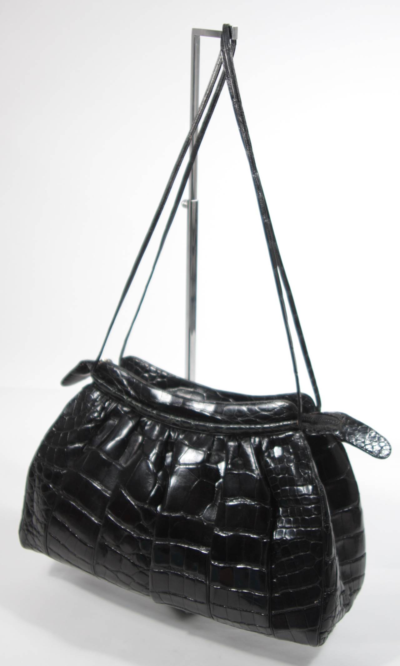 Judith Leiber Black Gathered Alligator Handbag For Sale at 1stDibs