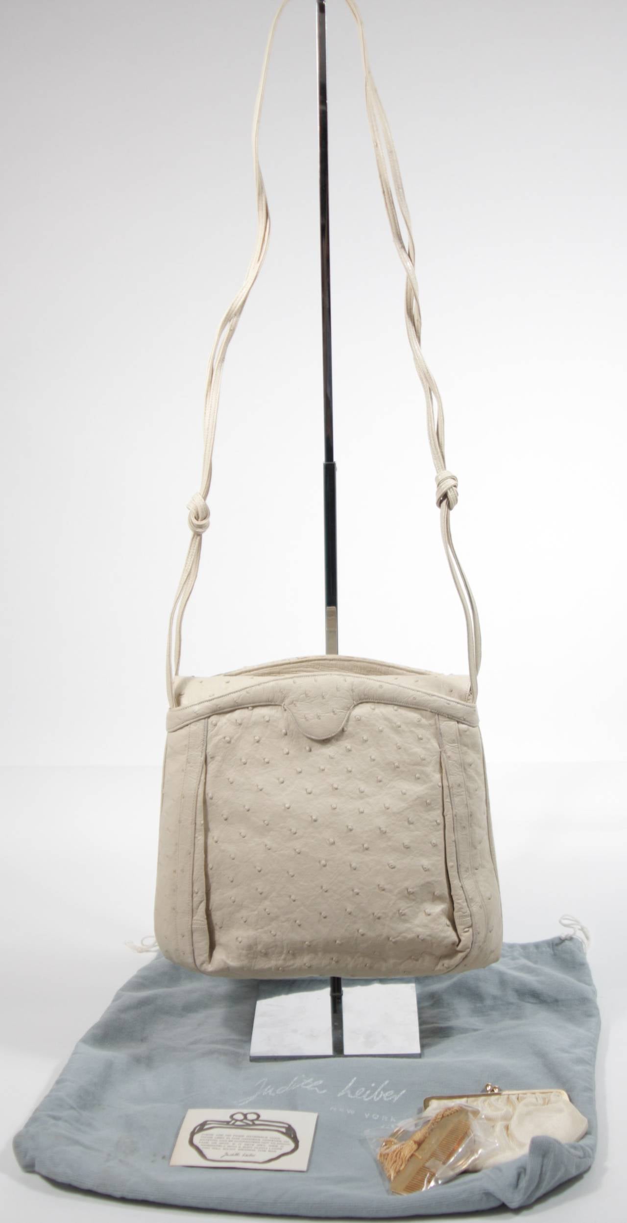Women's Judith Leiber Off-white Ostrich Architectural Purse w. accessories & sleeper bag