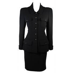 Vintage Chanel Black Wool Skirt Suit Size Military Inspired with Peter Pan Collar sz 8