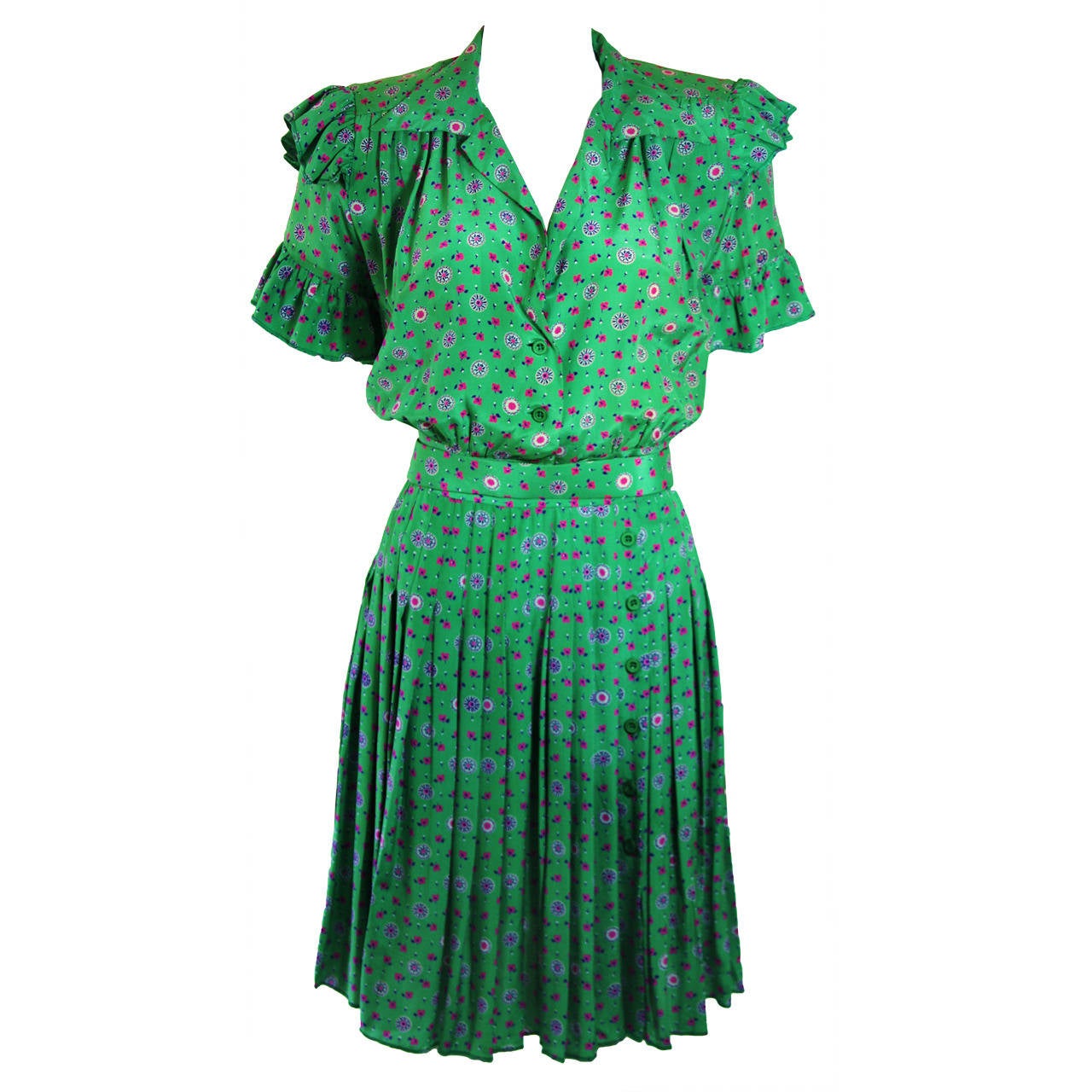 Nolan Miller Green Floral Silk Play Suit Ensemble with Skirt and Belt Size S