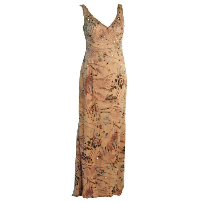Badgley Mischka Beige Sleeveless Dress with Sequins Size 2 For Sale